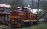 Zahnrad Diesellok T 425001 im Depot des Bahnhof Tanvald am 25.6.1988.