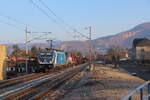 Frostiger, aber sonniger Morgen in Libochovany als der Mischer mit 388 008 und kalter 742 434 und 742 253 den Haltepunkt passierte. Aufgenommen am 13.02.2022
