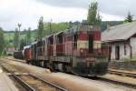 742 265-2 und 742 399-9 mit Güterzug Mn 82724 Třebíč-Okříšky auf Bahnhof Okříšky am 31-5-2013.