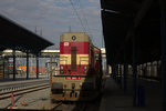 Obwohl der Bahnhof in Pilsen eine Grobaustelle ist, sonnt sich hier in aller Ruhe eine 742 264-5 am Bahnsteig.