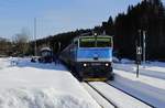 754 006-5 ist am 16.02.2019 mit einem Schnellzug aus Prag im Grenzbahnhof Zelesna Ruda-Alsbetin/Bayerisch Eisenstein angekommen und zieht bis zur Landesgrenze vor.