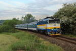 Morgentlicher Pendlerzug OS 7405 von Domazlice nach Plzen mit der  Blitzbrille  754 057 Aufgenommen bei Milavce am 30.05.2023