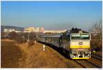 Die Brno. 754 023 mit dem R668 vor der Plattenbau-Kulisse von Brnn. Nahe Strelice dolni, 2.2.2011