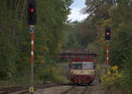 810 229 - 5  in Bezděz (deutsch: Schloßbösig) einfahrend , Richtung Bakov nad Jizerou (deutsch Backofen an der Iser)  04.10.2019 13:59 Uhr.