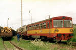 16. Juni 1995, in Tschechien, in der Nähe des Lipno-Stausees begegnete uns auf der Strecke 195 diese dreiteilige  Triebwagen-Einheit der CD VT 810 286 führt.