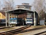 810 621-3 und 810 007-5 zu sehen am 15.02.25 beim Tanken in Čerčany. Bild entstand vom Bahnsteig!