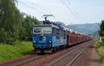 372 007 schleppte am 10.06.19 einen Skoda-Autozug durch Krippen Richtung Bad Schandau.