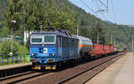 372 007 schleppte am 12.09.19 einen gemischten Güterzug durch Dobkovice Richtung Usti nad Labem.