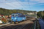 CD Cargo 372 008 fuhr mit einem Autozug nach Falkenberg(Elster) am 09.10.2024 durch das idyllische Örtchen Stadt Wehlen in der sächsischen Schweiz.