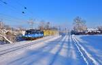 383 011 mit einem leeren Holzzug am 03.12.2023 bei Langenisarhofen.