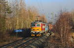 Pn 52122 von Plzen nach Nove Sedlo im Nachmittagssonnenlicht bei der Ausfahrt von Doli Zandov mit der retro 242 239 und der 242 268. Aufgenommen am 20.01.2025