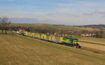 Der Mn 84000 mit der 743 008 in Grün konnte am 11.03.2024 mit einem leerem Gigawoodholzzug bei Rasnice zast.