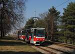 T6A5 1233 + 1234 (ex. Prag 8696 + 8659) als Verstärkerwagen kurz vor der Endstelle Ustredni Hrbitov. (25.03.2022)