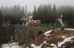 Die 810 391 auf dem Viadukt bei Pernink am 03.02.2024 bei nebligem Tauwetter im Erzgebirge.