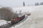 Schneegestöber am 1.April 2022 bei Poutnov als die Übergabe als Pn 55434 aus Tepla mit den beladenen Holz Eas sich auf dem Weg nach Karlsbad macht.