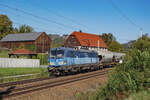 ČDC 383 007 mit einem Getreidewagenzug fuhr am 09.10.2024 durch Rathen in Richtung Tschechien.