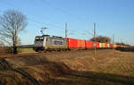 386 016 führte am 16.02.19 einen Conatinerzug vorbei an Ruhlsdorf Richtung Wittenberg.