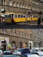 Einst & Jetzt bei der Budapester Straßenbahn: Die aus Ujpest kommenden Linien endeten unweit des Moskva ter (heute Nyugati ter) in einer über mehrere Häuserblocks reichenden Wendeschleife, oben im Bild der Zweiachser 2023 aus der Serie F/H, die zwischen 1904 und 1010 in Dienst gestellt wurde, in der Visegradi utca (Oktober 1978). Im Juni 2011 sieht die völlig zugeparkte Straße nur noch aus wie eine x-beliebige Innenstadtstraße in irgendeiner europäischen Großstadt.  
