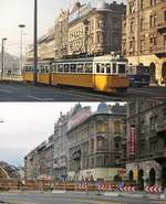 Einst & Jetzt bei der Budapester Straßenbahn: Auf dem oberen Bild fährt der Zweiachser 1509 vom Baross ter am Ostbahnhof in die Thököly utca, unten die Situation am 08.06.2011.