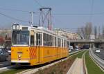 Fahrschulwagen 7671 auf der frisch eröffneten Neubaustrecke der Linie 1 in der Szeremi ut kurz vor der Haltestelle Hauszmann Alajos ut.(24.03.2015)