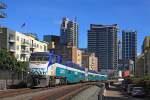 3002 departs San Diego for Oceanside whilst working Coaster train 657 the 1652 to Oceanside, 17 July 2014 