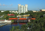 FEC train 123, 2300 Bowden Yard (Jacksonville) - Fort Lauderdale crosses the Tarpon River in Downtown Fort Lauderdale,  22 June 2016.