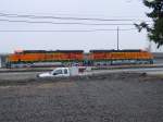 BNSF 5894 & 5895 sit on a siding at the Burlington, Iowa depot on a foggy March day in 2006.