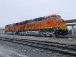 BNSF 5895 sits with 5894 at Burlington, Iowa depot on a foggy day in March 2006.