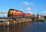 820 & 823 cross the St Lucie River in Stuart whilst hauling FEC202-20 from Miami to Jacksonville, 20 February 2019.