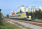 Brightline train Bright Green departs West Palm Beach with the 1400 to Miami, 29 Nov 2018.