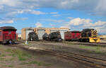 Auf dem frei zugänglichen Depotgelände sind am Vorabend unserer Fahrt mit dem Dampfzug unter anderem diese Loks und Wagen zu sehen.