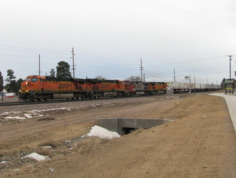 Vier Dash 9 der BNSF mit einem Gterzug am 4.1.2008 in Flagstaff (Arizona).