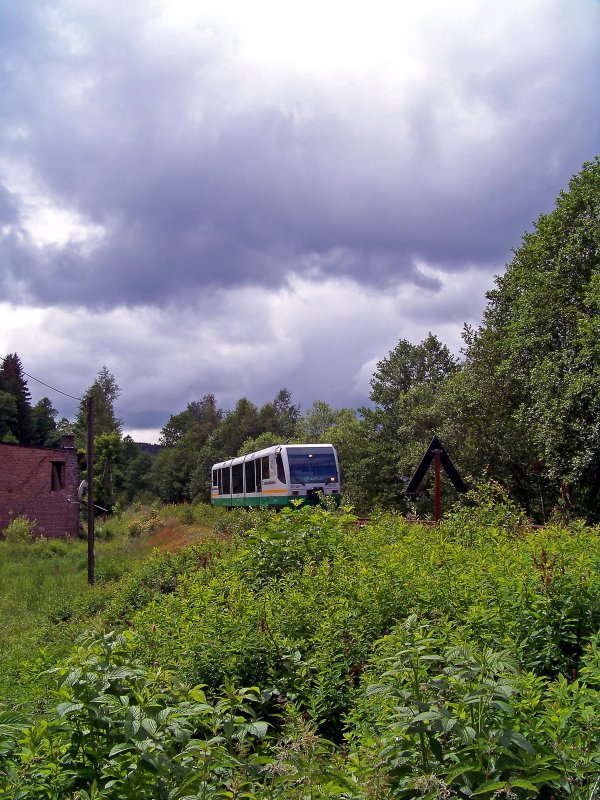 VT39 als VBG83120 zwischen Zwota und Klingenthal, 21.6.09. (Man beachte, dass mit  Zwei-Licht-Spitzensignal  gefahren wird.)